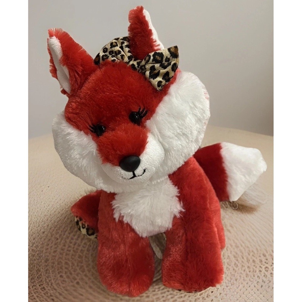 2019 Aurora World Red White Sitting Fox Plush Cheetah Print Bow Stuffed 12"